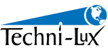 Techni-Lux globe logo, 2 color: black, Pantone 300C blue