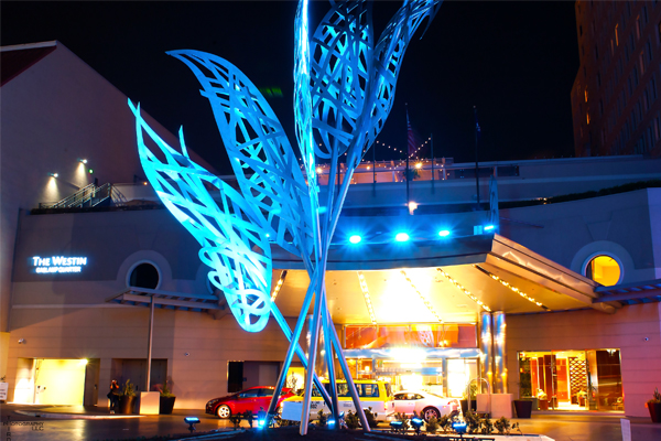 The Westin San Diego Gaslamp Quarter Flame Flower sculpture by artist Micahel Stutz lit with blue LEDPanels 36 Color RGB LEDs