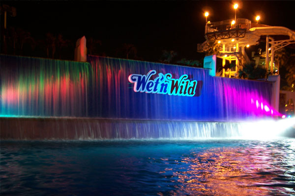vibrant LEDs from SGM  on the wave pool waterfall for the Hot Summer Nights Photo Shoot at Wet 'n Wild, Orlando, Florida