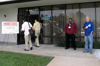 Guests walking in front entrance of Techni-Lux at the Rental & Staging Roadshow 2008 hosted by Techni-Lux, Orlando, Florida USA