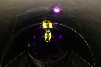Interior of Batman™ Water Slide DOT50 50mm DMX-SPI purple LED Dots and yellow/black Batman™ gobo, Parque Warner Beach - Madrid, Spain